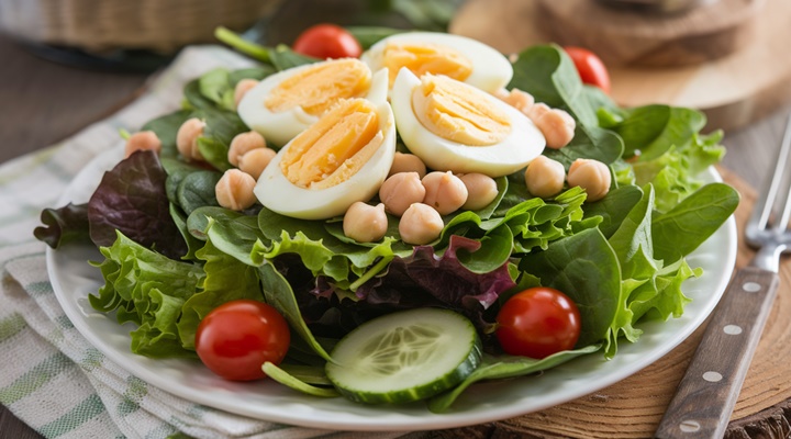 Prato de salada verde com alimentos de baixo índice glicêmico para controle do diabetes